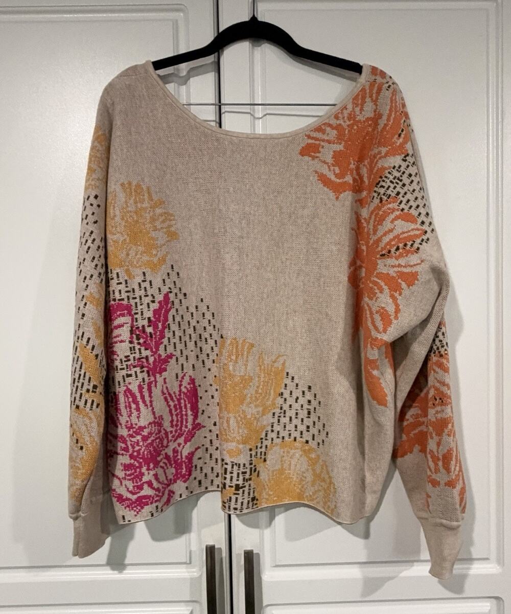 Anthropologie Daily Practice Off-the-Shoulder Floral Sweater Beige Sz M